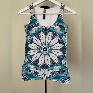 Teal & White Printed Scoop Neck Tank Top XS